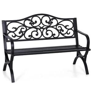 Garden Bench Metal Patio Bench Outdoor Porch Park Bench Cast Iron Sturdy Steel~ - Picture 1 of 6