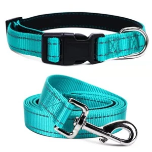 Soft Neoprene Padded Dog Collar Leash Set Reflective Nylon Teal Neck 10.5-15.5" - Picture 1 of 8