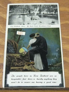 1915 COLOR Postcard//NEW BEDFORD, MA DUCK POND/BROOKLAWN PARK/HAVING A GOOD TIME - Picture 1 of 2