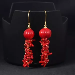 Antique Design Coral Cultured Hook Earrings in Gold Plated Wedding Jewelry Gift - Picture 1 of 8