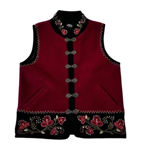 Icelandic Design Boiled Wool Nordic Floral Embroidered Vest Size S Red Holiday - Picture 1 of 13