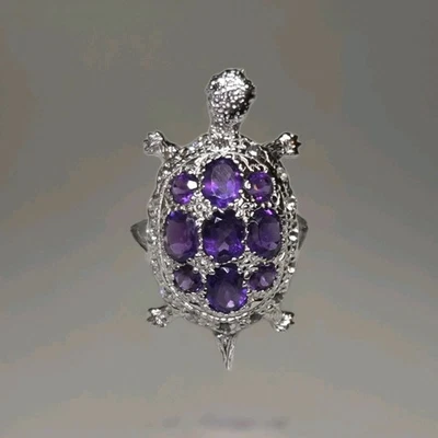 Natural Amethyst & Sapphire Turtle 925 Sterling Silver Ring Size 7.5 1630 - Image 1 of 4