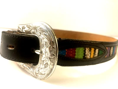Black Leather Embroidered Western Boho Style Belt Colorful Silver Buckle Small - Image 1 of 4