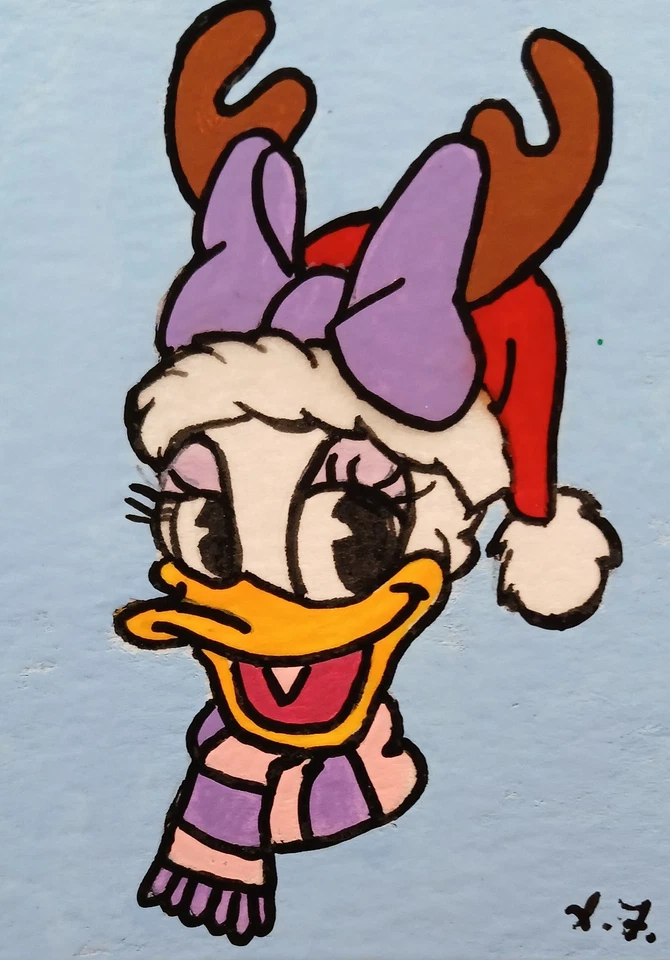Cartão ATC Daisy Duck Natal ACEO ORIGINAL PINTADO À MÃO Assinado OOAK - Imagem 1 de 1