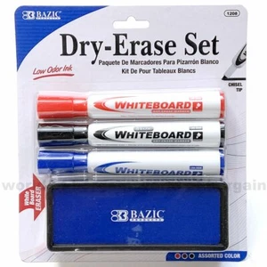 Dry Erase Marker Set Whiteboard Pens Eraser Chisel Tip Black Blue Red NON TOXIC - Picture 1 of 1