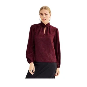Camicetta donna Nine West girocollo manica lunga Maddie rosso prugna scintillante XL nuova con etichette - Foto 1 di 12
