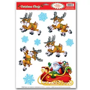 Santa & Sleigh Window Clings Sheet 12" x 17" Christmas Decoration Party Supplies - Picture 1 of 1
