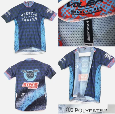 Camiseta de ciclismo Voler masculina grande fina (40 pol. peito) azul cavalete ponte corrida zíper - Imagem 1 de 4