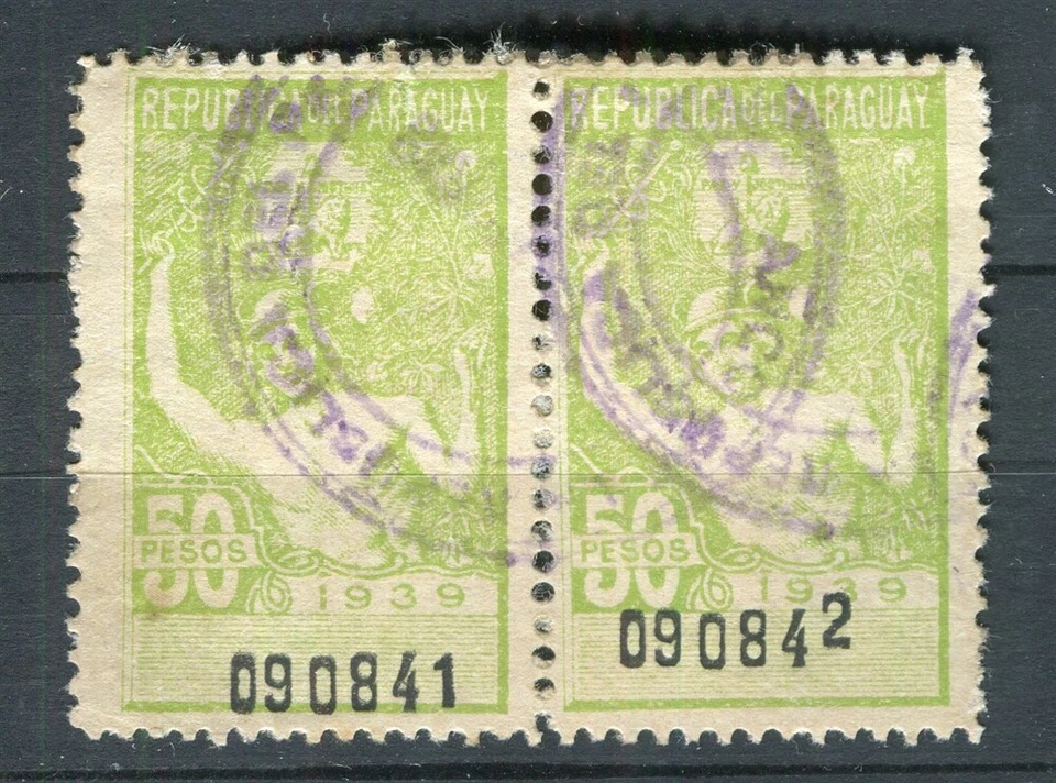 PARAGUAY; 1930s early Fiscal revenue issue fine used pair of 50P. value - Image 1 of 1