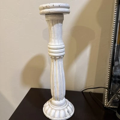 AGED WHITE PILLAR CANDLE HOLDER  - Image 1 of 4
