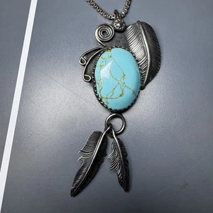 Vintage Native American Turquoise Feather Pendant Sterling Silver With 19” Chain - Picture 1 of 9