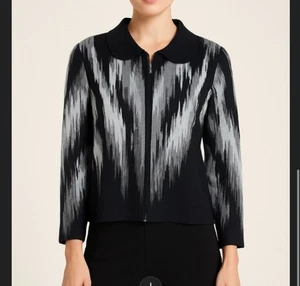 Ming Wang Full Zip Collared Sweater cardigan Black White Stripe S EUC - Picture 1 of 7