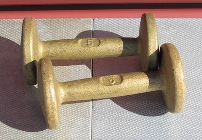 Vintage 1940s Gym Dumbells Cast Iron Hand Weights Gold Finish 5lbs Great Display - Image 1 of 4