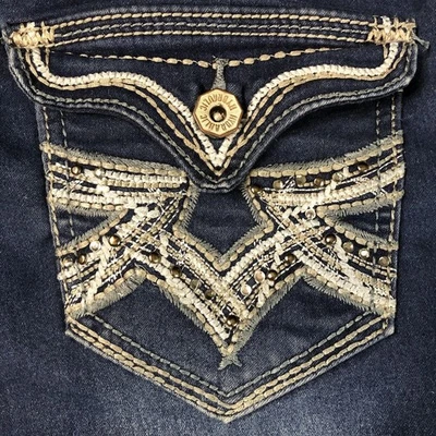 Pantalones de mezclilla ajustados hidráulicos para mujer 9/10 Bailey tiro bajo lavado oscuro bordados 32X25 Foto 1 de 4