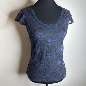 Camiseta Top Y2k Down East Basics Para Mujer S Azul Marino Elástica Transparente Floral Encaje - Imagen 1 de 11