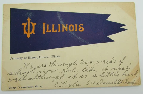 Vintage Postcard postmarked 1907 Univ. of Illinois, College Pennant Series #15 Cover