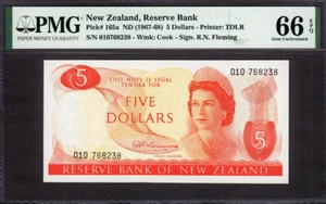 New Zealand 5 Dollars ND (1967-68) Fleming Prefix- 010 P-165a GEM UNC PMG 66 EPQ - Picture 1 of 2