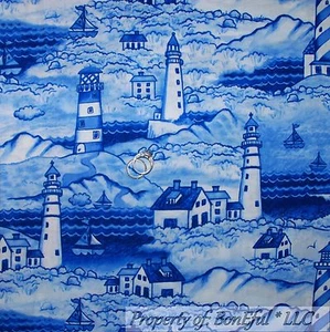 BonEful Fabric FQ Cotton Quilt Blue Tonal Water Scenic Ocean Sea Lighthouse Home - Picture 1 of 12