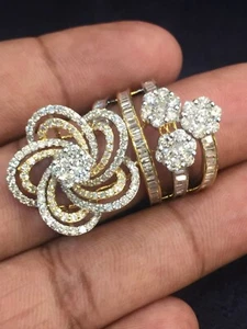 Pave 3.20 Cts Round Baguette Cut Diamonds Anniversary Ring In 585 Solid 14K Gold - Picture 1 of 12