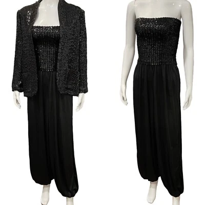 Vtg Miss H Hochberg Dorian Black Sequin Glam Formal Romper Jumpsuit Jacket Small - Image 1 of 4