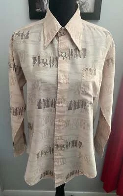 Vtg 70s Ultimo Long Sleeve People Carriage Abstract Design Polyester Shirt Large - Image 1 of 4