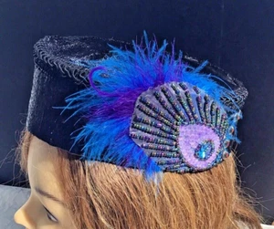 Satin And Sequin Pill Box Hat 1960’s Shiny Black, Beads, Blue Feather Small - Picture 1 of 8