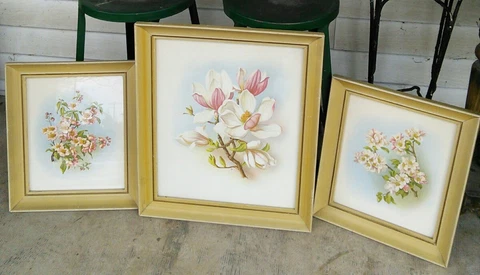 Vtg 3pc 50's wood Framed Lithgraph Prints Pink White Magnolia Dogwood Cover