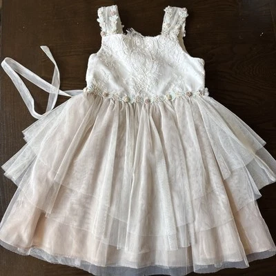 rare editions girls dress tulle tiered lace flower embroydered trim Sz 6  Cream - Image 1 of 4
