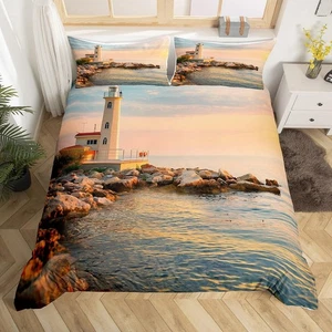 Lighthouse Bedding Queen Size 3 Piece Set Teens Ocean Sunset Landscape Duvet ... - Picture 1 of 7