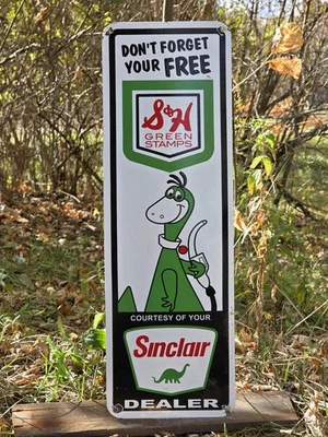HUGE VINTAGE SINCLAIR & S&H GREEN STAMPS  PORCELAIN SIGN W/DINO 22"×8" - Image 1 of 4