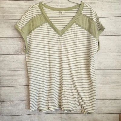 Cato 14/16W green striped short sleeve lace cotton blend v-neck t-shirt - Image 1 of 4