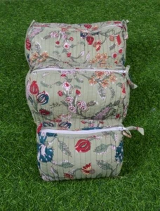 Indian Floral Printed Cotton Quilted Toiletry Purse Cosmetic Storage Bag Of 3 Pc - Picture 1 of 10