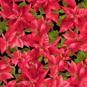 BTY Maywood Studio Poinsettia & Pine Packed Poinsettia Black Fabric By The Yard - Picture 1 of 2