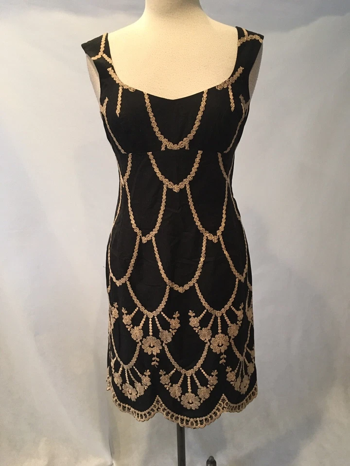 Nanette  Lepore Cotton Sheath Chandelier Tassle Print Black/Champagne Size 6 - Image 1 of 4