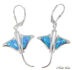 925 Sterling Silver Rhodium Hawaiian Stingray Fish Blue Opal Leverback Earrings - Picture 1 of 2