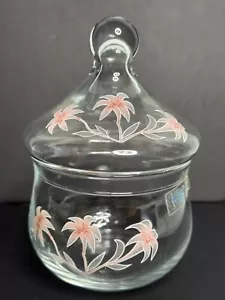 4”x5.75” Vtg Clear Glass Vanity Jar Pasabahce Turkey Apothecary Jar Pink Floral - Picture 1 of 8