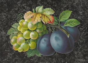 Rottami di frutta vittoriana fustellata di grandi dimensioni - prugne Damson e uva verde - 7 x 5 - Foto 1 di 2