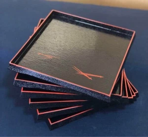 Set of 6 Matsuba-Design Square Lacquer Trays – Perfect for Kaiseki, Tea Ceremony - Picture 1 of 9