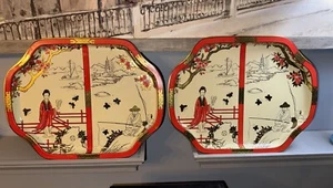 Vintage Tin Japanese Geisha Girl  6"x8" Trays, Set of 2 - Picture 1 of 6