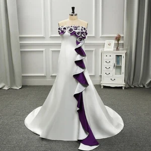 Cascading Ruffles Flowers Mermaid Wedding Dresses White And Purple Bridal Gowns - Picture 1 of 7