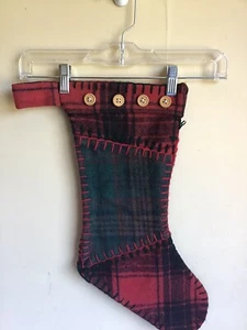 Vintage Pottery Barn Red Green Brown Plaid Button Christmas Holiday Stocking - Picture 1 of 4