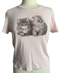 Homegirl Society Women’s Juniors XL Pink Cropped Top Cute Cats Graphic - Picture 1 of 3