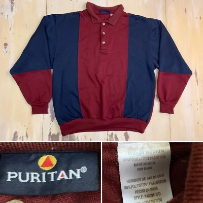 PURITAN - Vtg 1990s Dark Red & Blue Color Block Polo Sweatshirt, MENS MEDIUM Foto 1 de 4