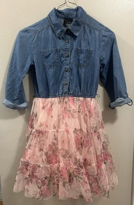 Pink And Violet Girls Denim Dress With Tulle Tutu Size 10 Back To School Dress - Image 1 of 4