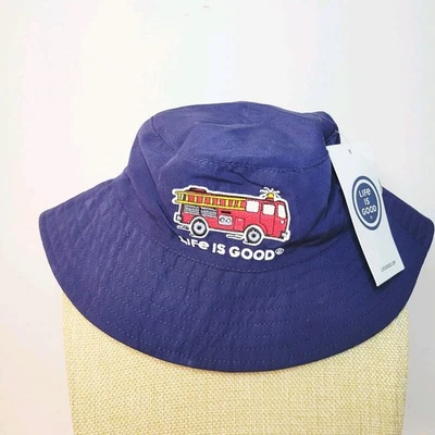 LIFE IS GOOD Embroidered Red Fire Truck Navy Bucket Sun Hat 6-12M - Image 1 of 4