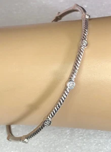 Sterling Silver Diamond Bangle Bracelet Cable Station 12 Gems 925 8.2" 8g 3255 - Picture 1 of 10