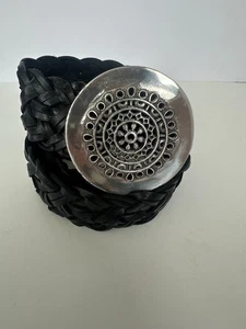 Chico's marokkanischer schwarzer Leder geflochtener Gürtel gehämmert Messing silberne Schnalle M/L - Bild 1 von 7