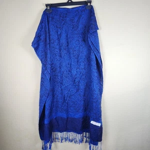 Pashmina blue paisley print Silk cashmere Scarf Wrap Shawl 68"X27" Fringe - Picture 1 of 11