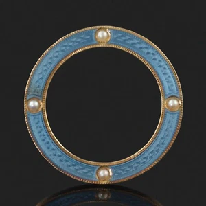 Edwardian c1912 Solid 14K Gold Blue Guilloche Enamel & Seed Pearl Circle Brooch - Picture 1 of 7