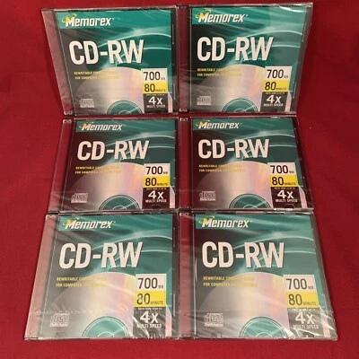 Memorex CD-RW Regrabable CDS 700MB 80Min 4X Totalmente Nuevo, Lote de 6 Foto 1 de 3